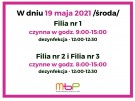 Godziny pracy filii bibliotecznych w dniu 19 maja 2021