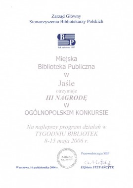 III miejsce w ogólnopolskim konkursie na najlepiej zrealizowany „Tydzień Bibliotek 2006”