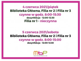 Godziny pracy Biblioteki w dniach 4-5 czerwca 2021